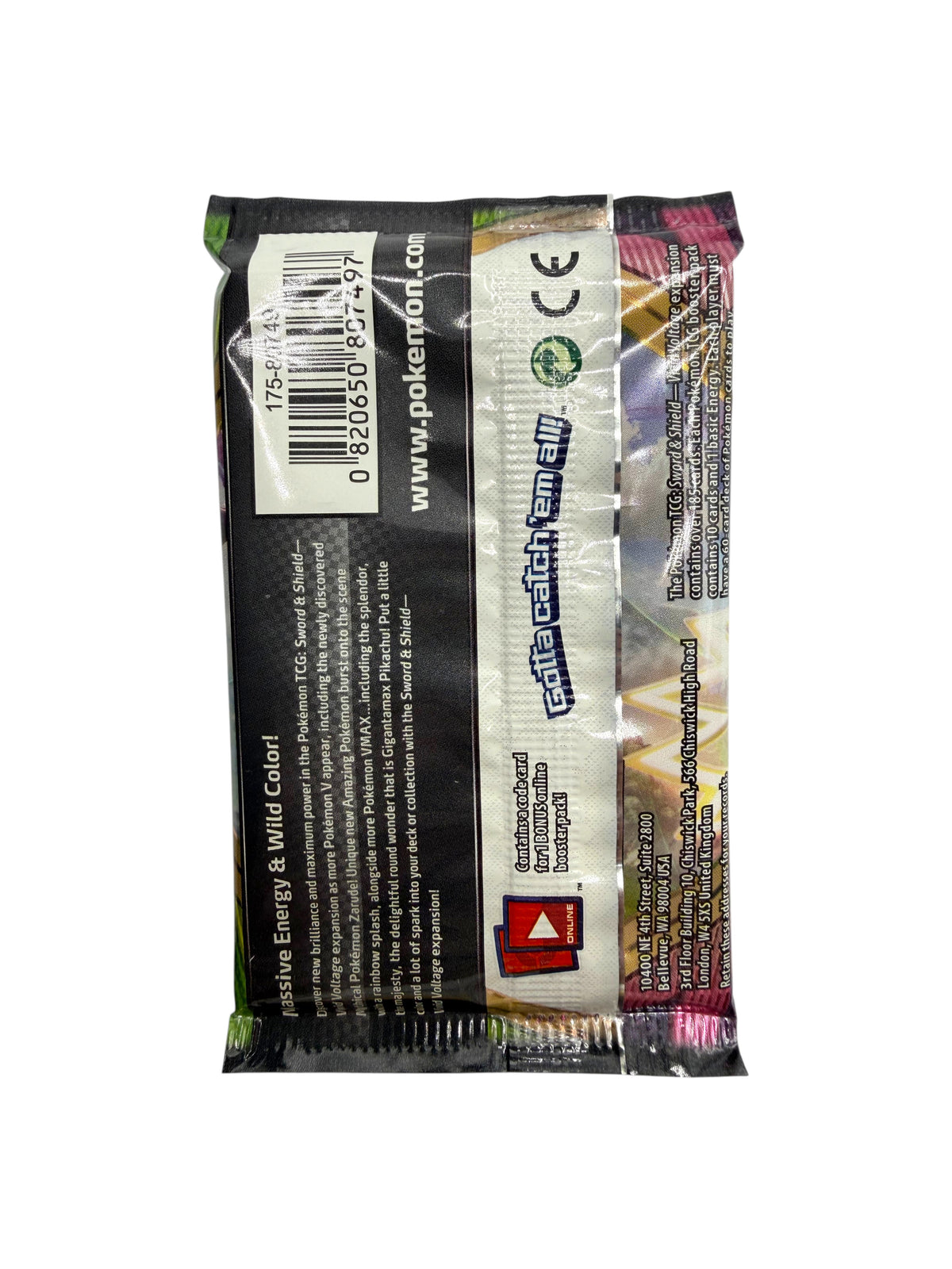 Back view of a factory sealed Lowkey Stock Pokémon TCG Sword & Shield Vivid Voltage booster pack with barcode