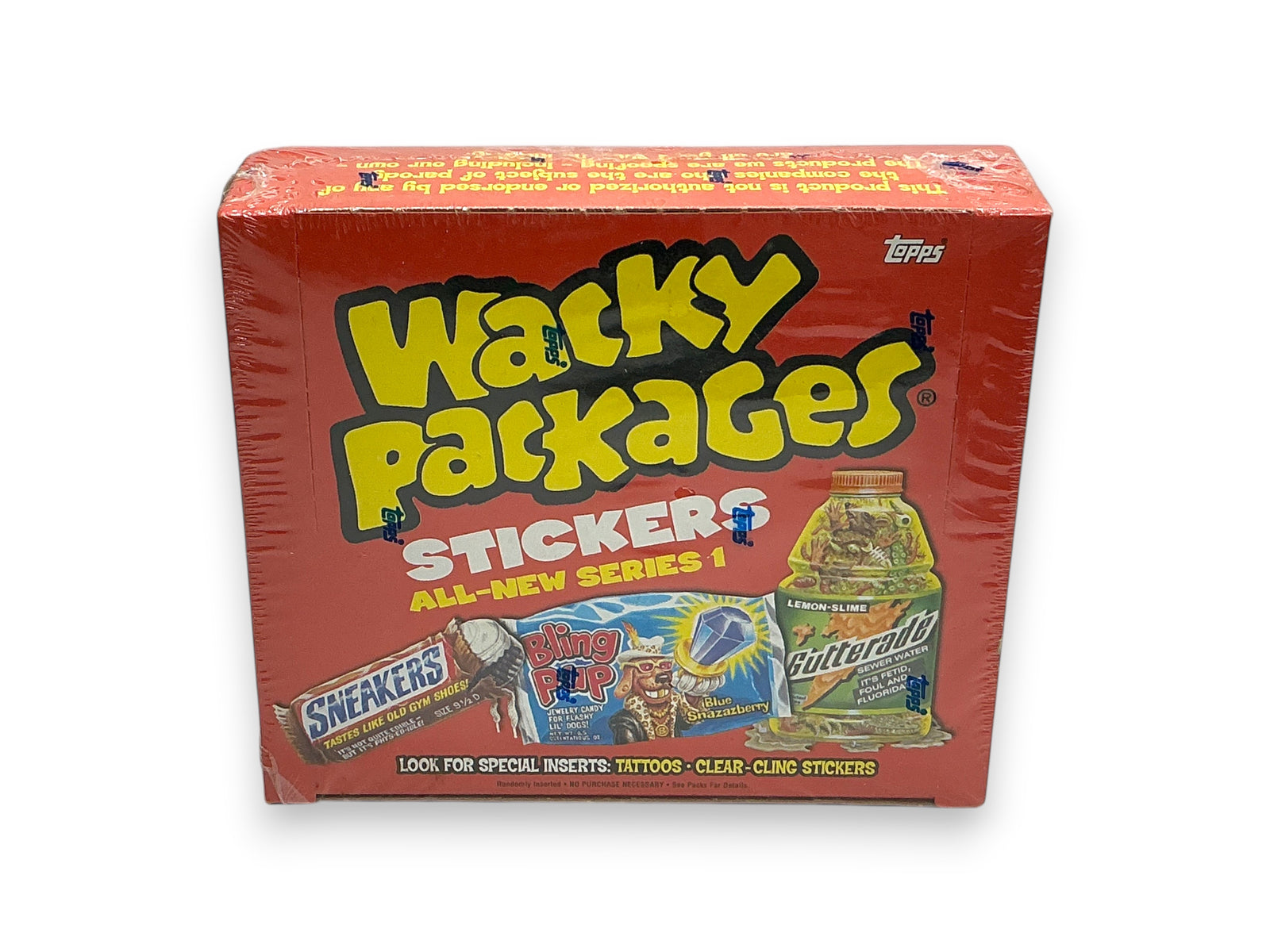Lowkey Stock WACKY PACKAGES All New Series 1 2004 sealed sticker box with red packaging and parody product graphics.