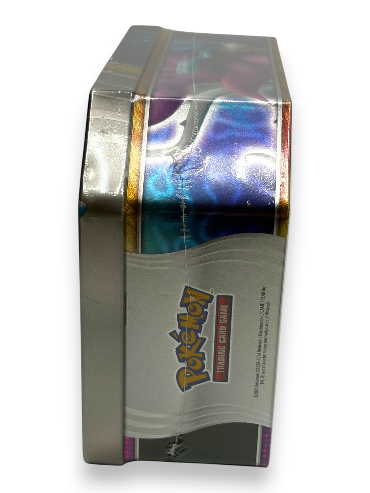 Lowkey Stock sealed Pokemon Paradox Clash Walking Wake ex tin side view showing vibrant blue and purple metallic finish
