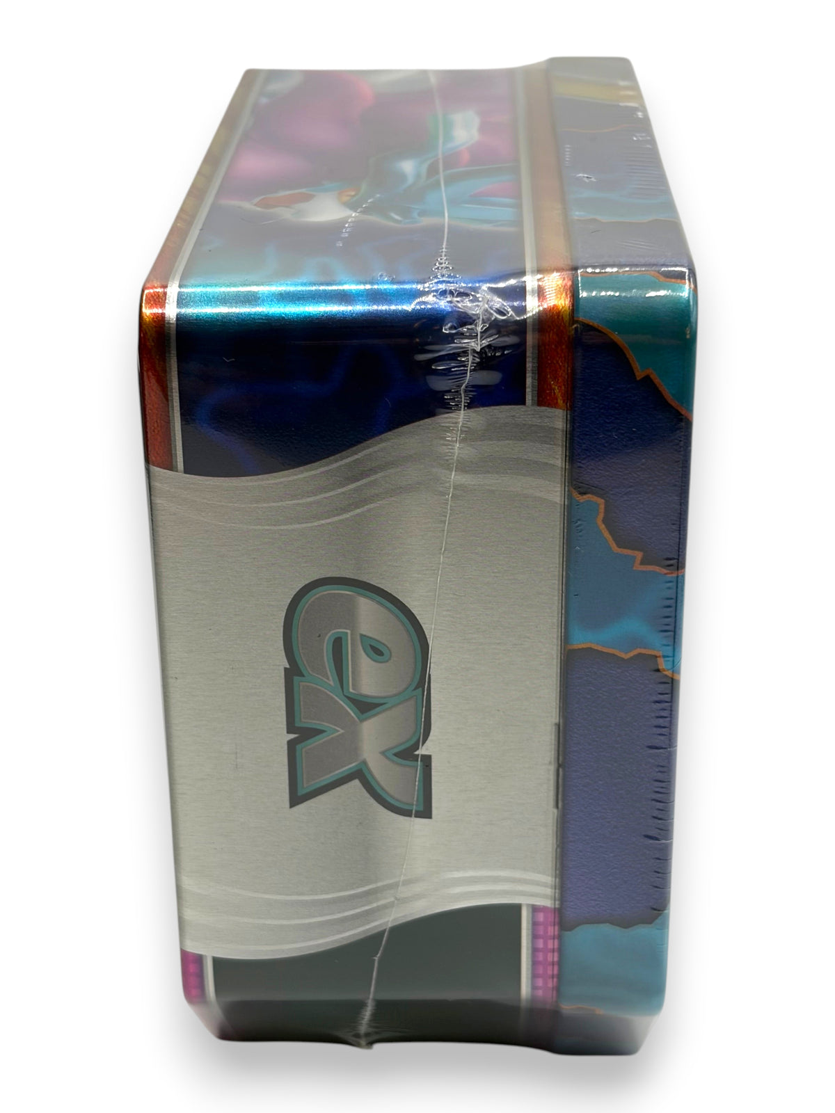 Lowkey Stock sealed Pokemon Paradox Clash Walking Wake ex tin side view showing metallic blue and silver branding