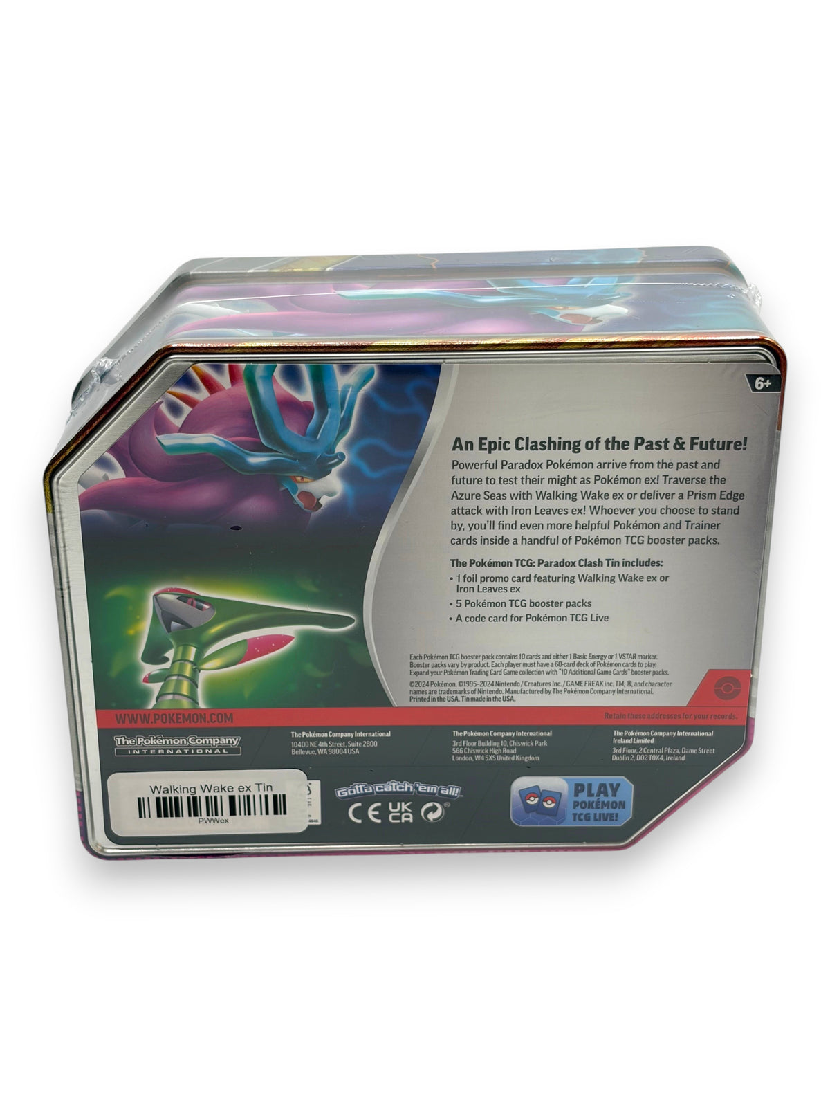 Lowkey Stock Pokemon Paradox Clash Walking Wake ex sealed trading card tin back view with product details