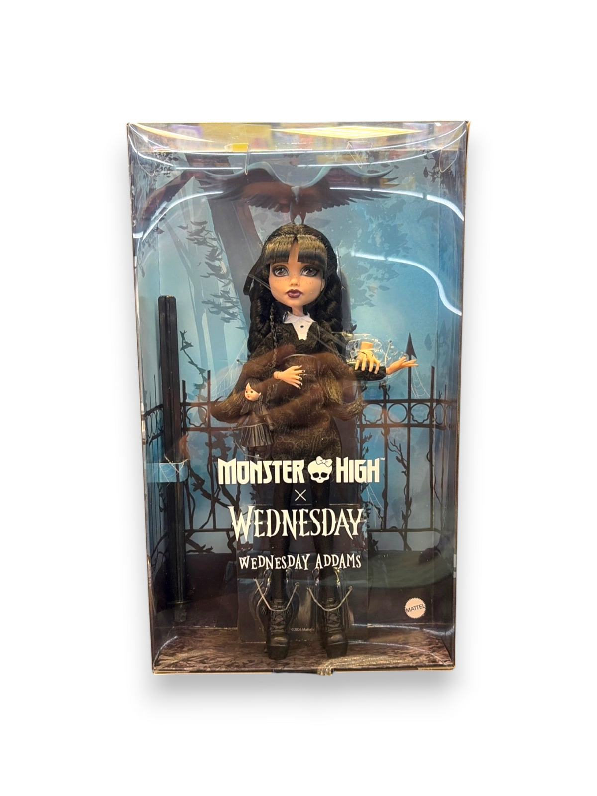 Lowkey Stock Monster High x Wednesday Addams collector doll in original display box with raven and Thing accessory