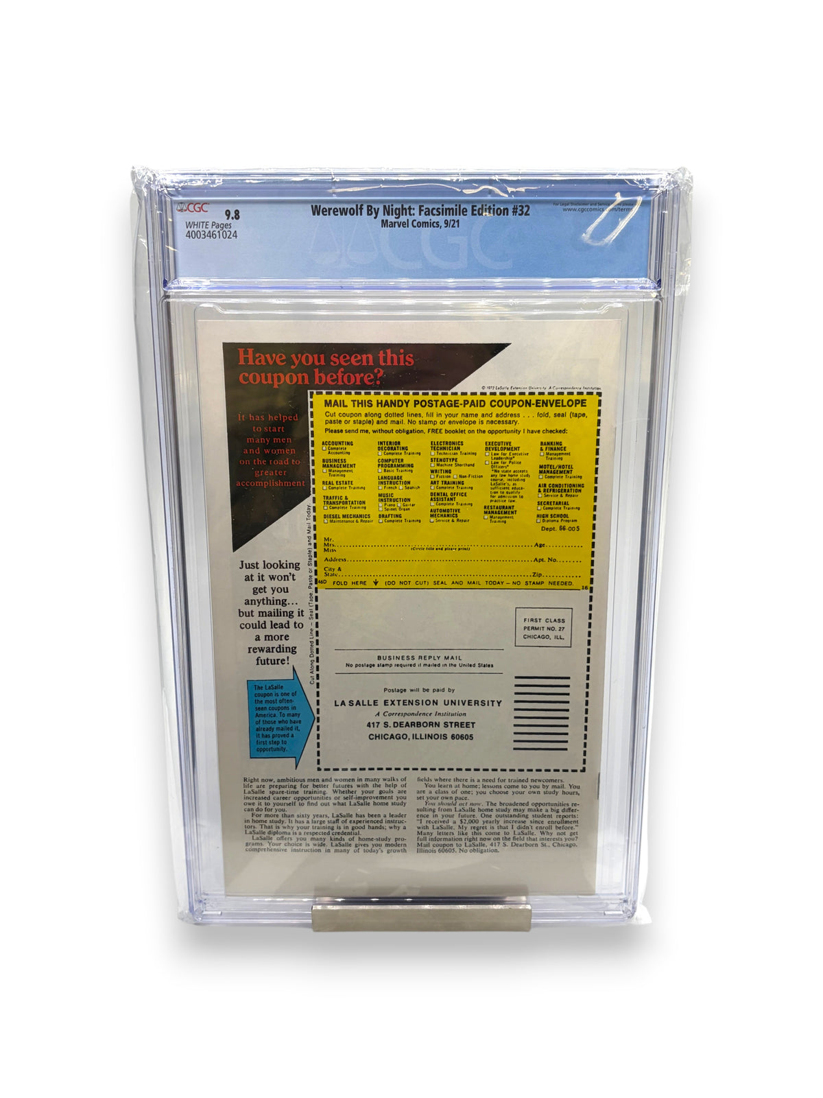 Lowkey Stock graded CGC 9.8 Marvel Comics Werewolf By Night #32 Facsimile Edition back cover in protective slab