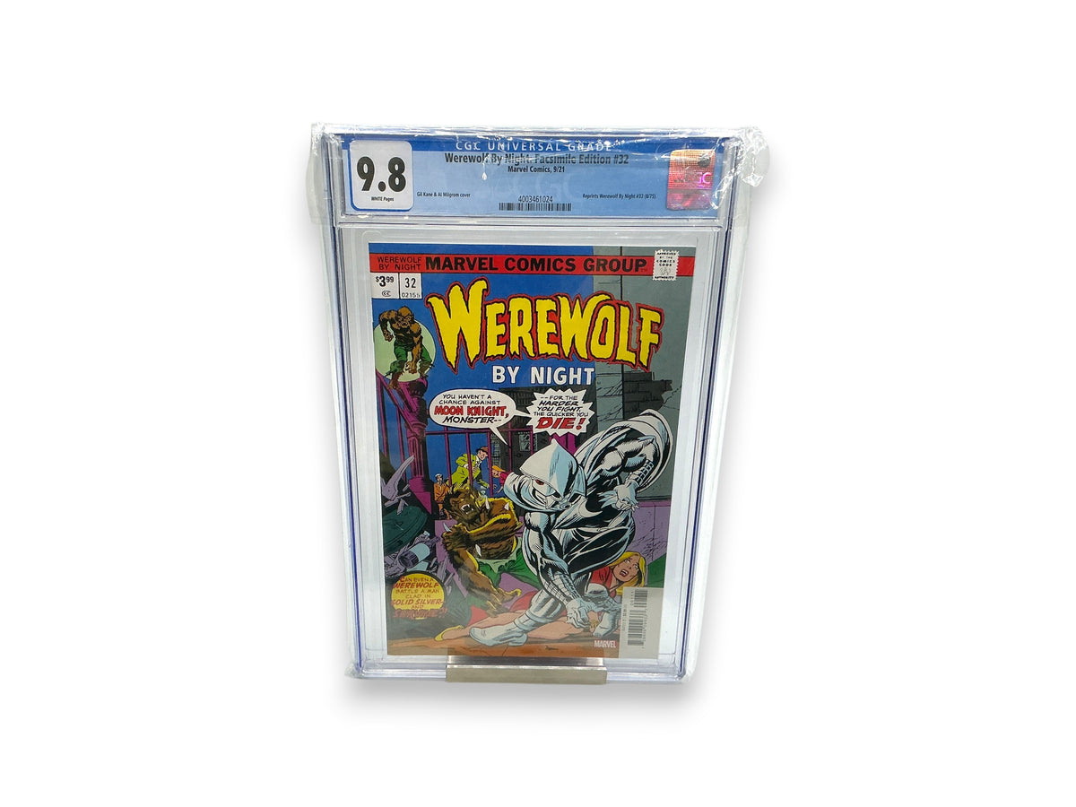 Lowkey Stock CGC 9.8 graded Marvel Comics Werewolf By Night #32 Facsimile Edition featuring Moon Knight cover art