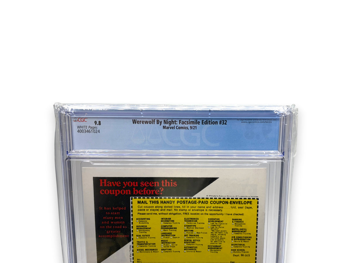 Lowkey Stock Marvel Comics Werewolf By Night #32 Facsimile Edition CGC 9.8 graded comic book back cover