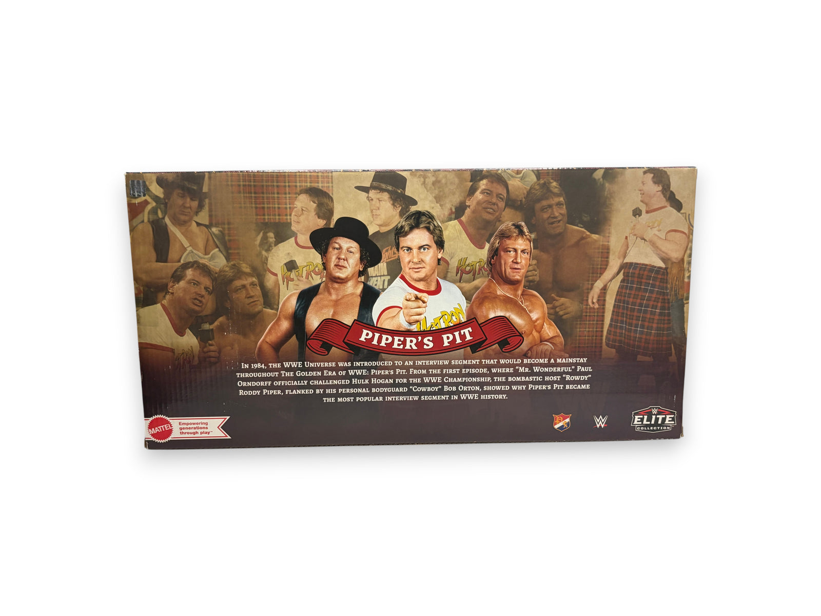 Lowkey Stock WWE Elite Piper's Pit 3-Pack action figure box featuring vintage photos of Orndorff, Piper, and Orton.