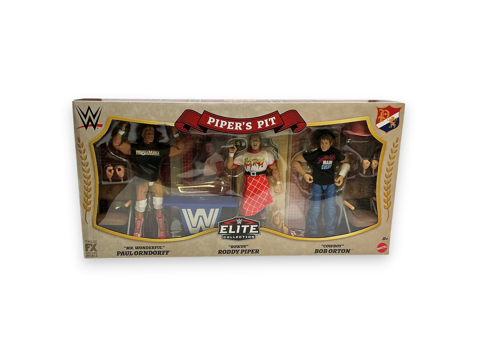 Lowkey Stock WWE Elite Piper's Pit 3-pack featuring Paul Orndorff, Roddy Piper, and Bob Orton action figures.