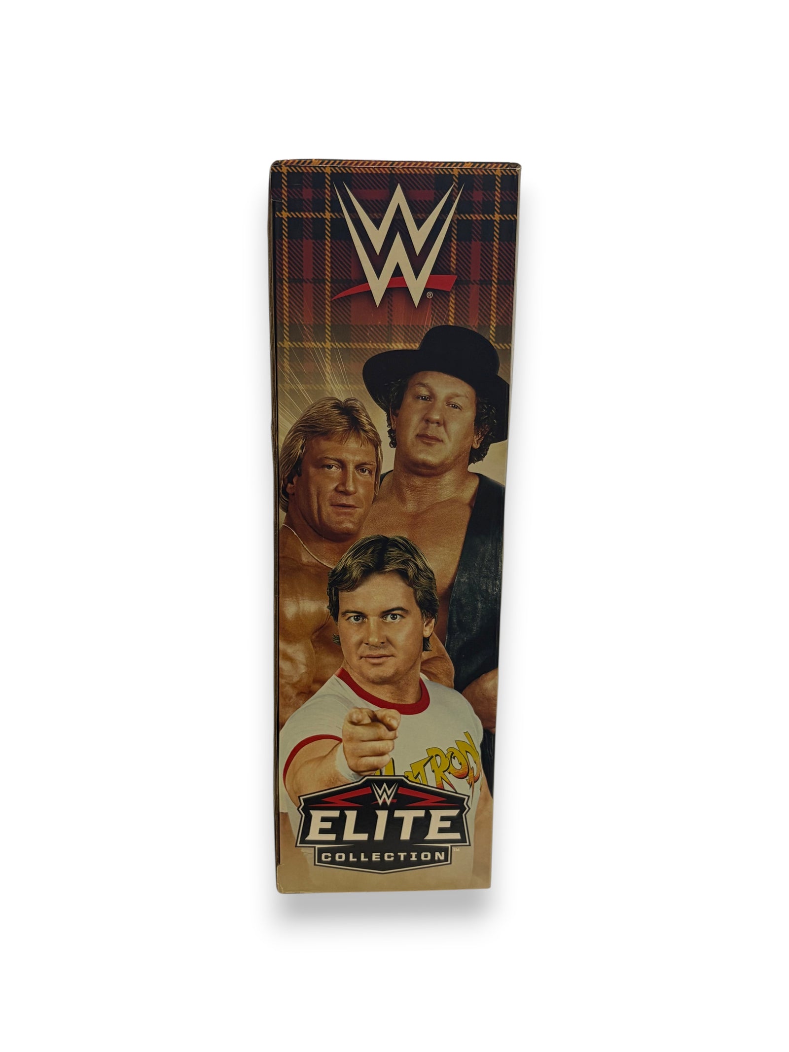Lowkey Stock WWE Elite Piper's Pit 3-Pack box side panel featuring Orndorff, Piper, and Orton wrestling figures