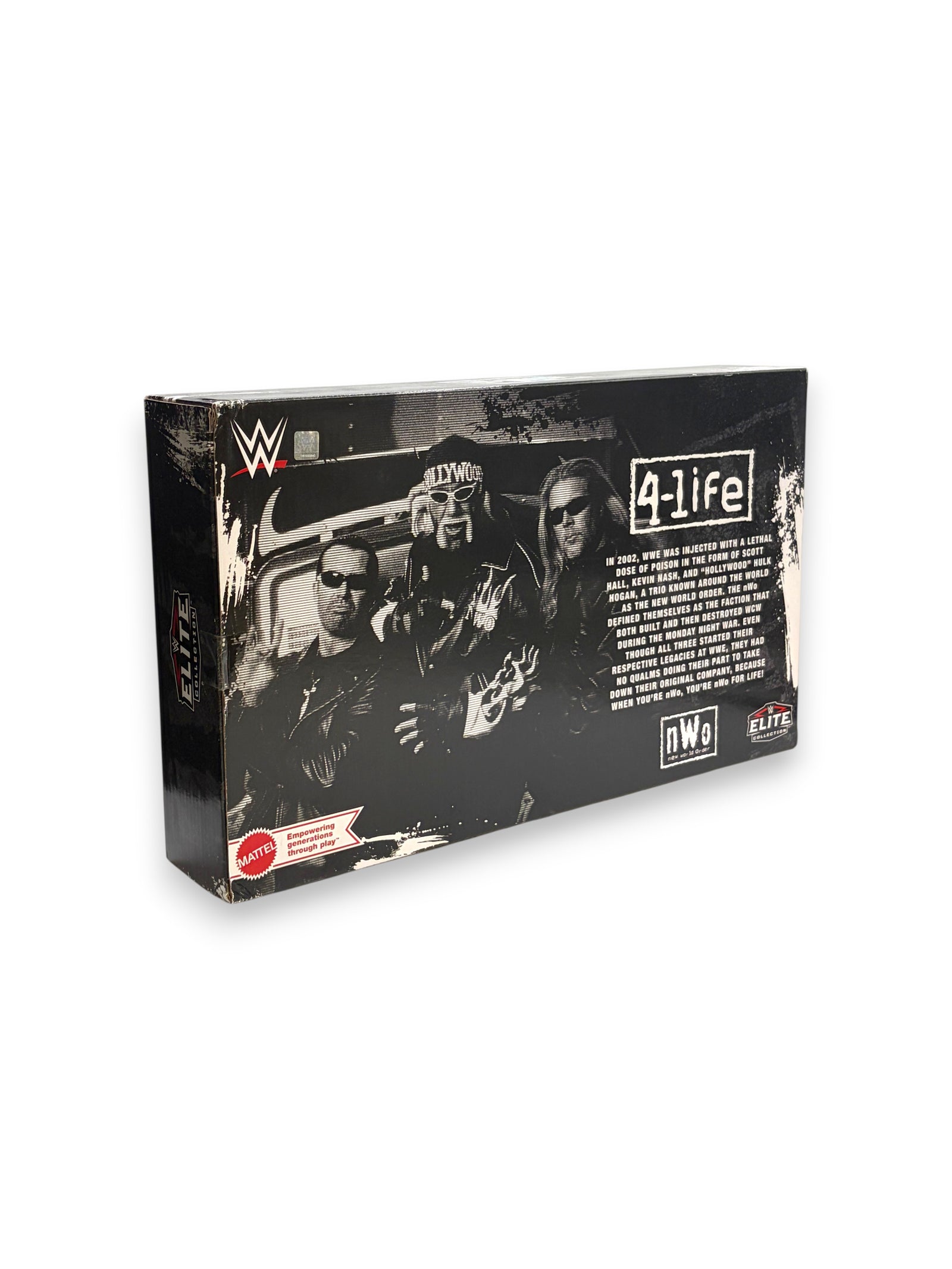 Lowkey Stock WWE Elite NWO 3-pack featuring Scott Hall, Hulk Hogan, and Kevin Nash action figures in collector box