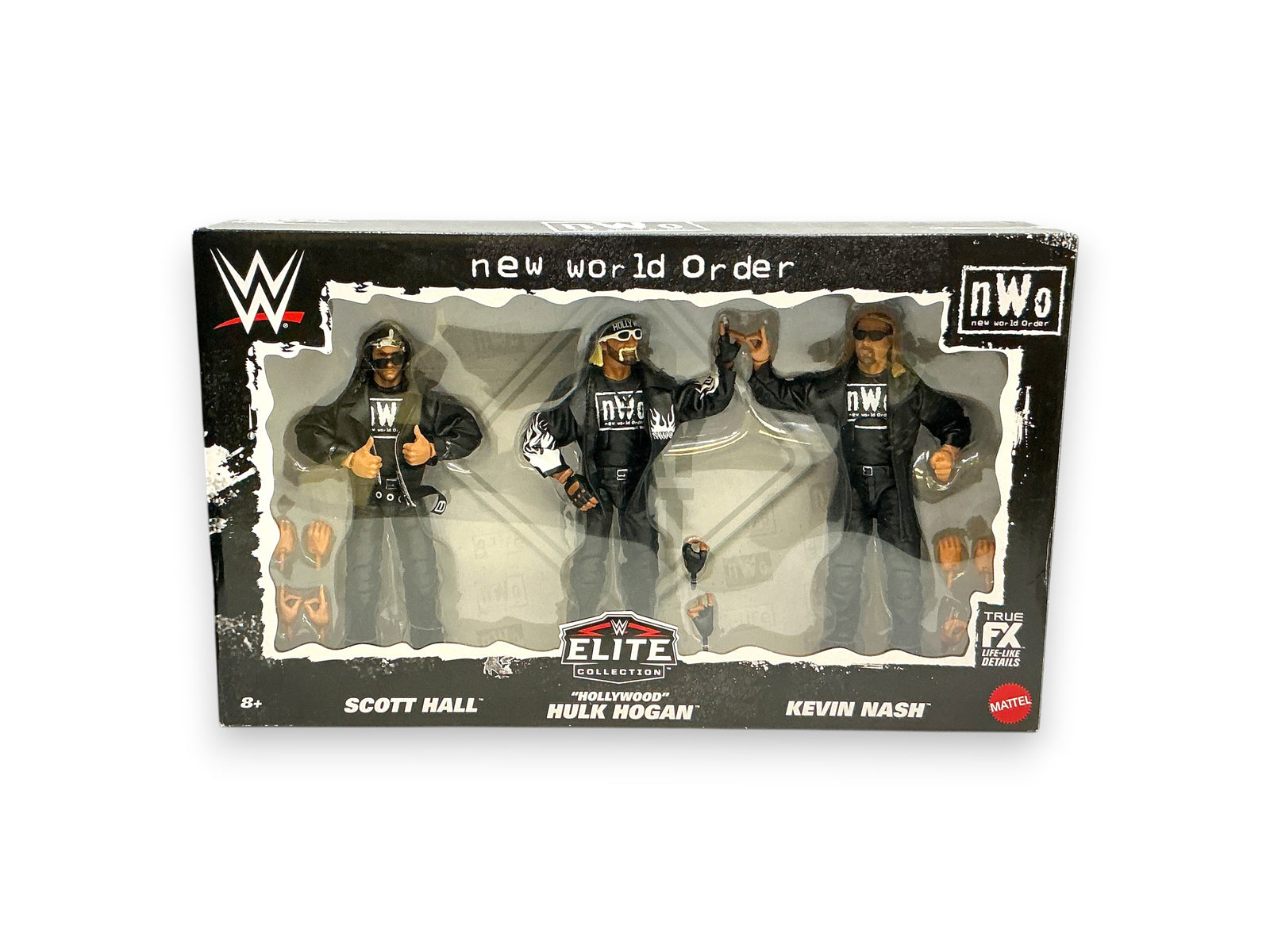 Lowkey Stock WWE Elite NWO 3-pack featuring Scott Hall, Hulk Hogan, and Kevin Nash action figures in original packaging.