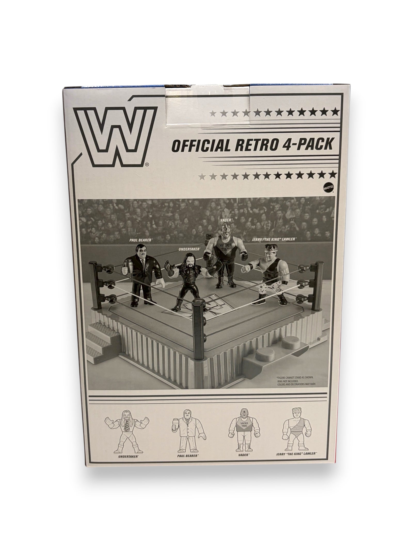 Lowkey Stock Mattel WWE Retro 4-pack featuring Vader, Undertaker, Paul Bearer, and Jerry Lawler action figures.
