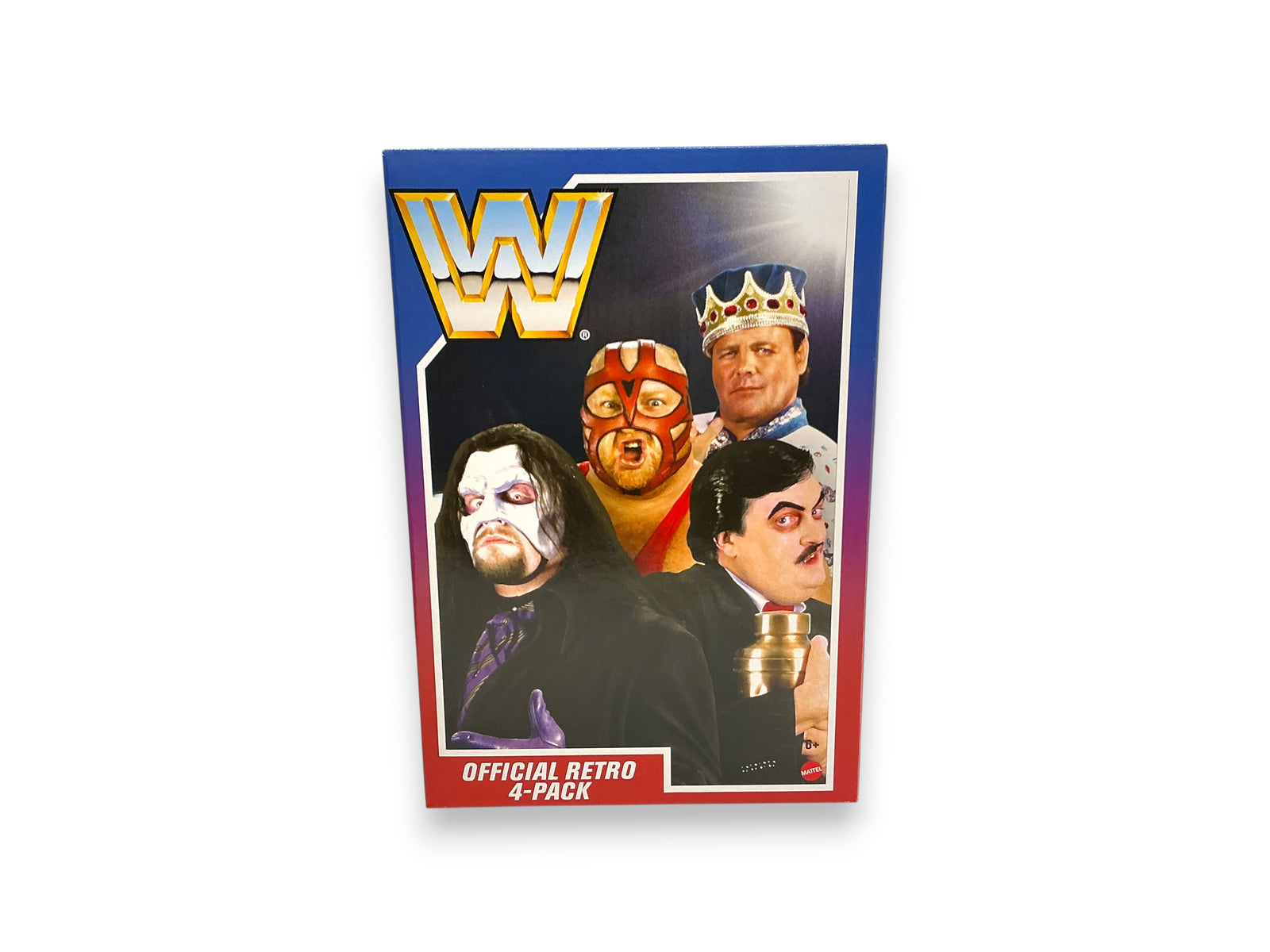 Lowkey Stock Mattel WWE Retro 4-pack featuring action figures of Vader, Undertaker, Paul Bearer, and Jerry Lawler.