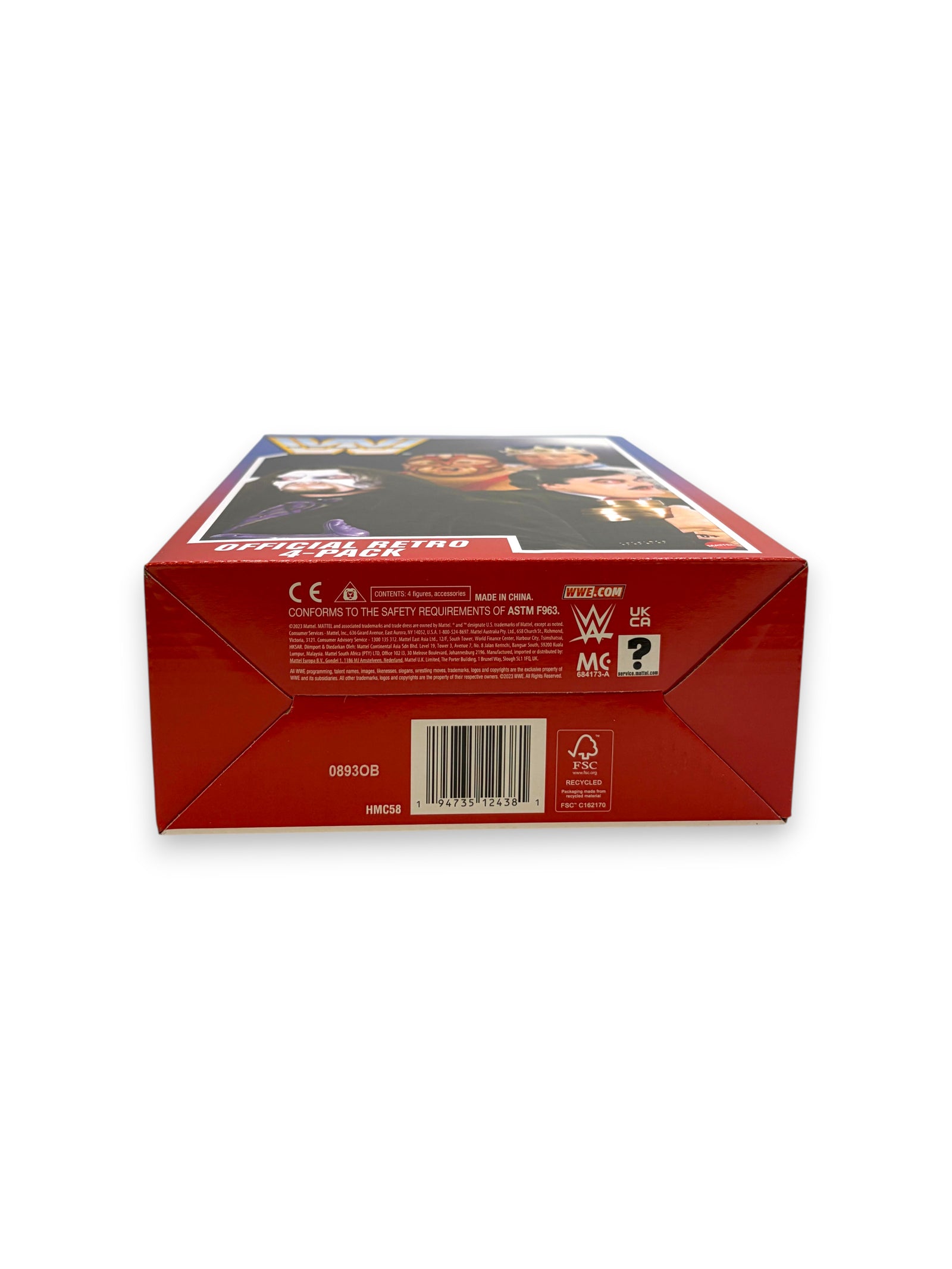 Lowkey Stock Mattel WWE Retro 4-pack action figure box showing product details and barcode on the bottom panel