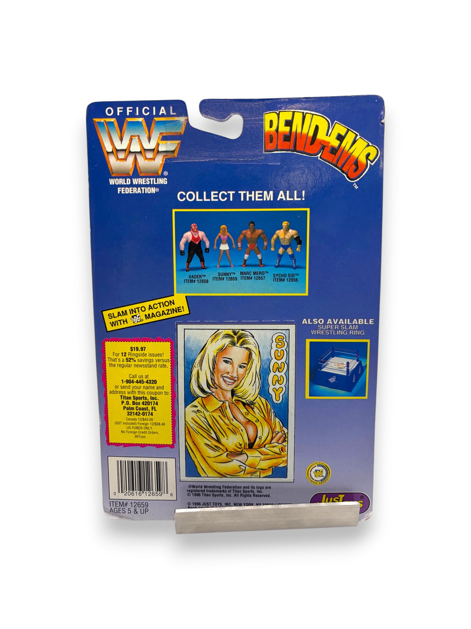 Lowkey Stock 1998 WWF Champions Bend-Ems Sunny wrestling figure packaging back with character illustration