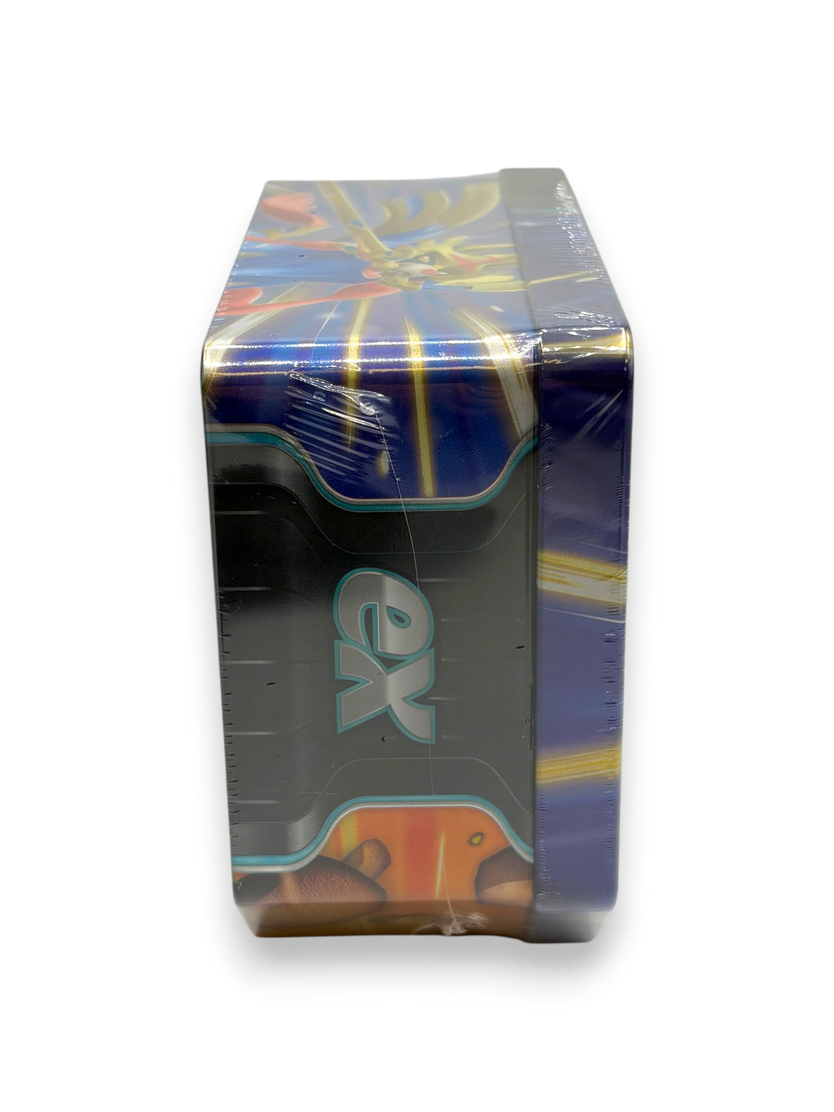 Lowkey Stock Pokemon TCG Slashing Legends Zacian tin, factory sealed metal collector box with ex branding side view