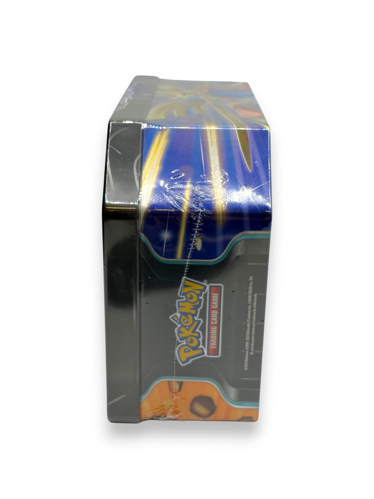Lowkey Stock sealed Pokemon TCG Slashing Legends Zacian tin featuring blue and orange graphics, side view